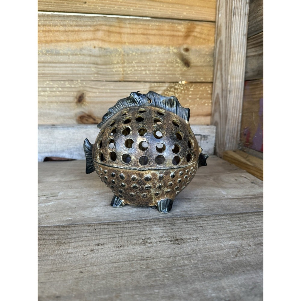 Pufferfish Blowfish Tea light Fairy Light Lantern Figurine Ceramic Vtg Beach Sea